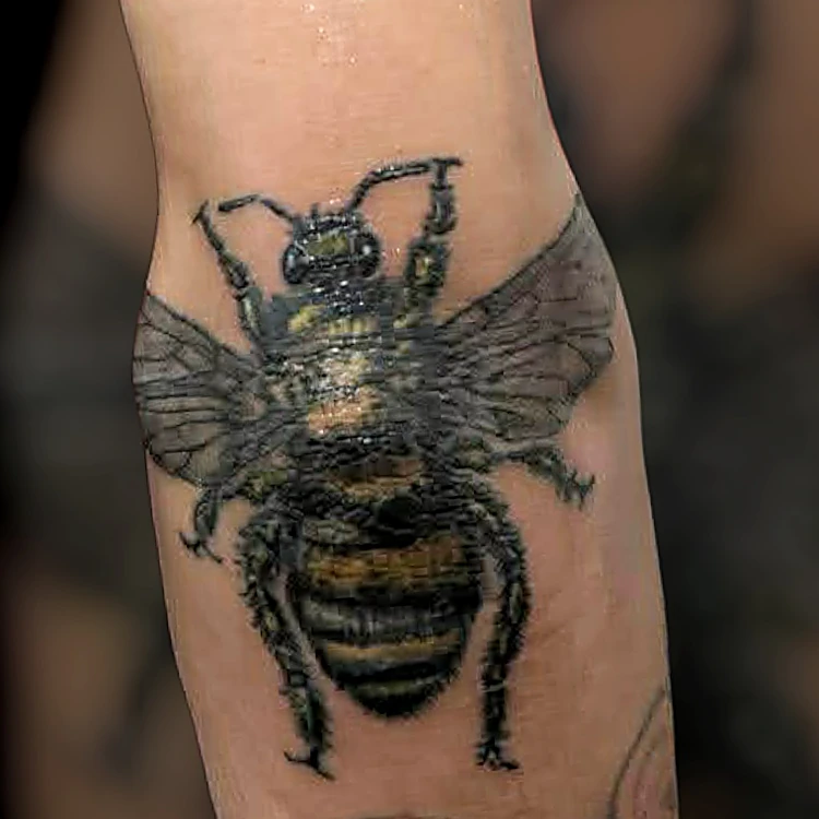 Abeja realista en amarillo y negro junto al codo